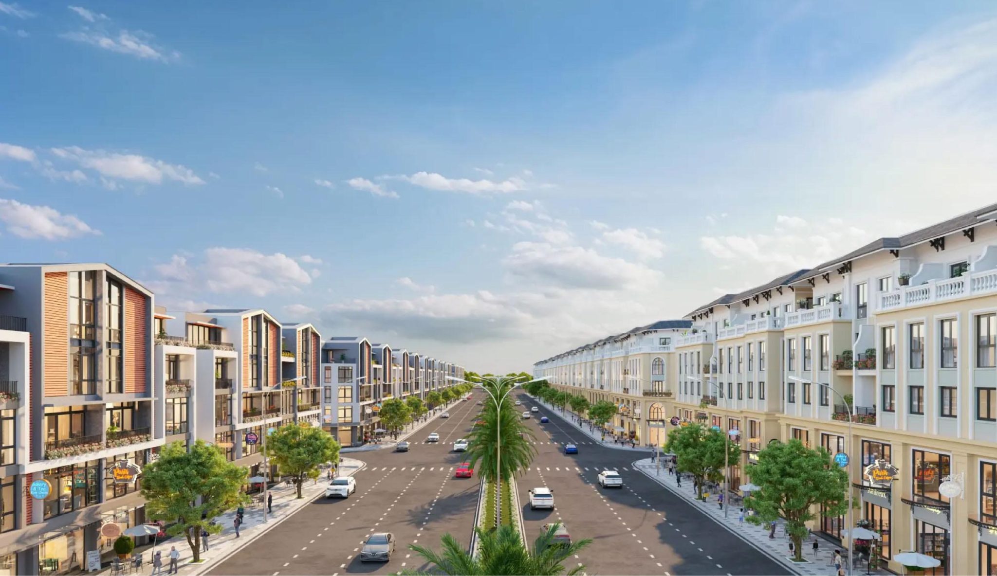 Phối cảnh đại lộ shophouse sầm uất tại dự án Vinhomes Hóc Môn với kiến trúc hiện đại và quy hoạch hạ tầng đồng bộ tại dự án Vinhomes Hóc Mo·