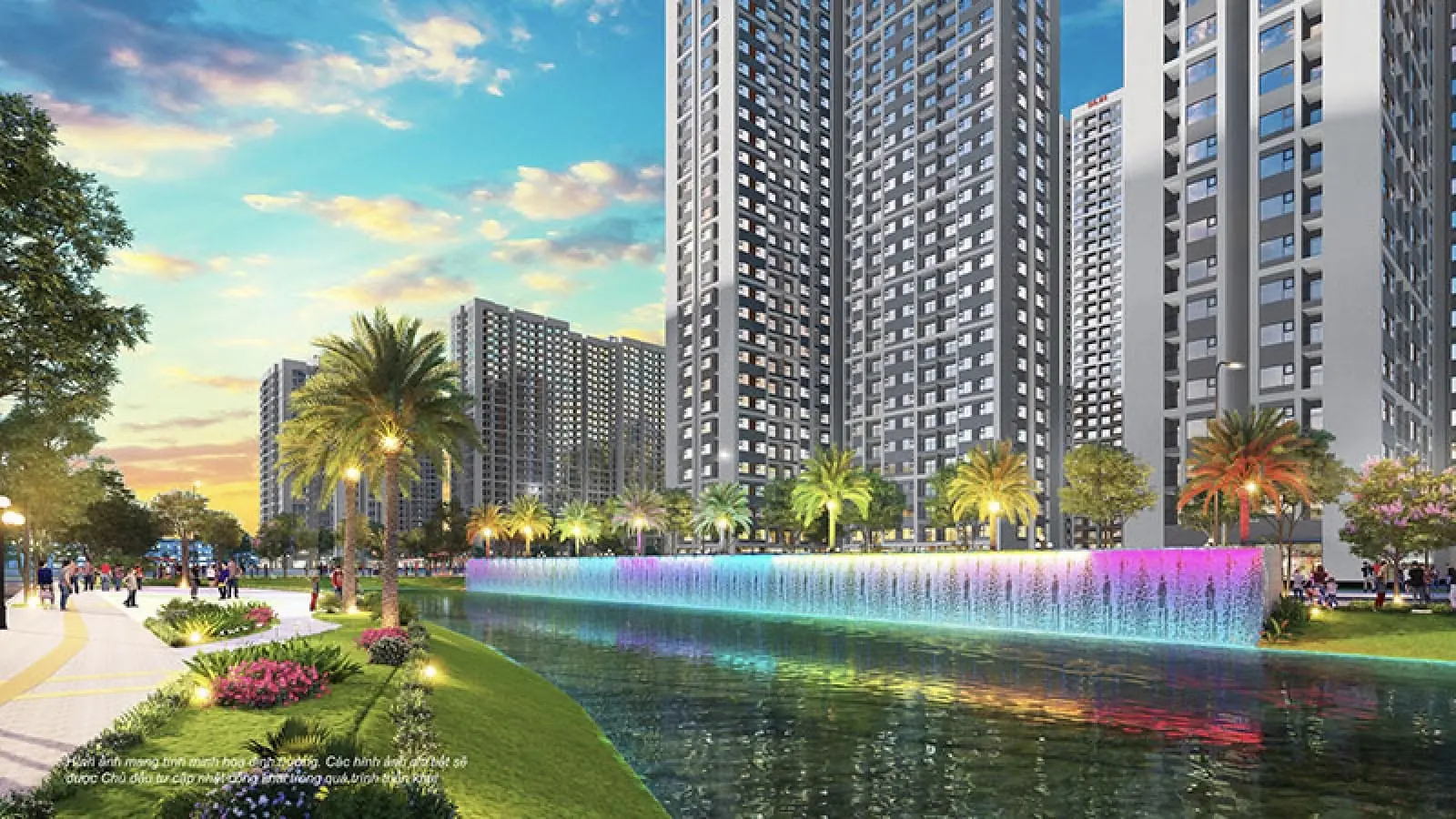 Các tòa tháp căn hộ hiện đại và tiện ích mặt nước tại Vinhomes Hóc Môn